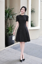 Đầm đen chữ A xòe cổ tròn đính đá