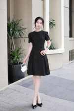 Đầm đen chữ A xòe cổ tròn đính đá