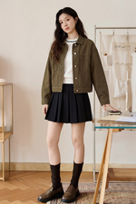 Áo khoác kaki nữ phối nút màu nâu rêu