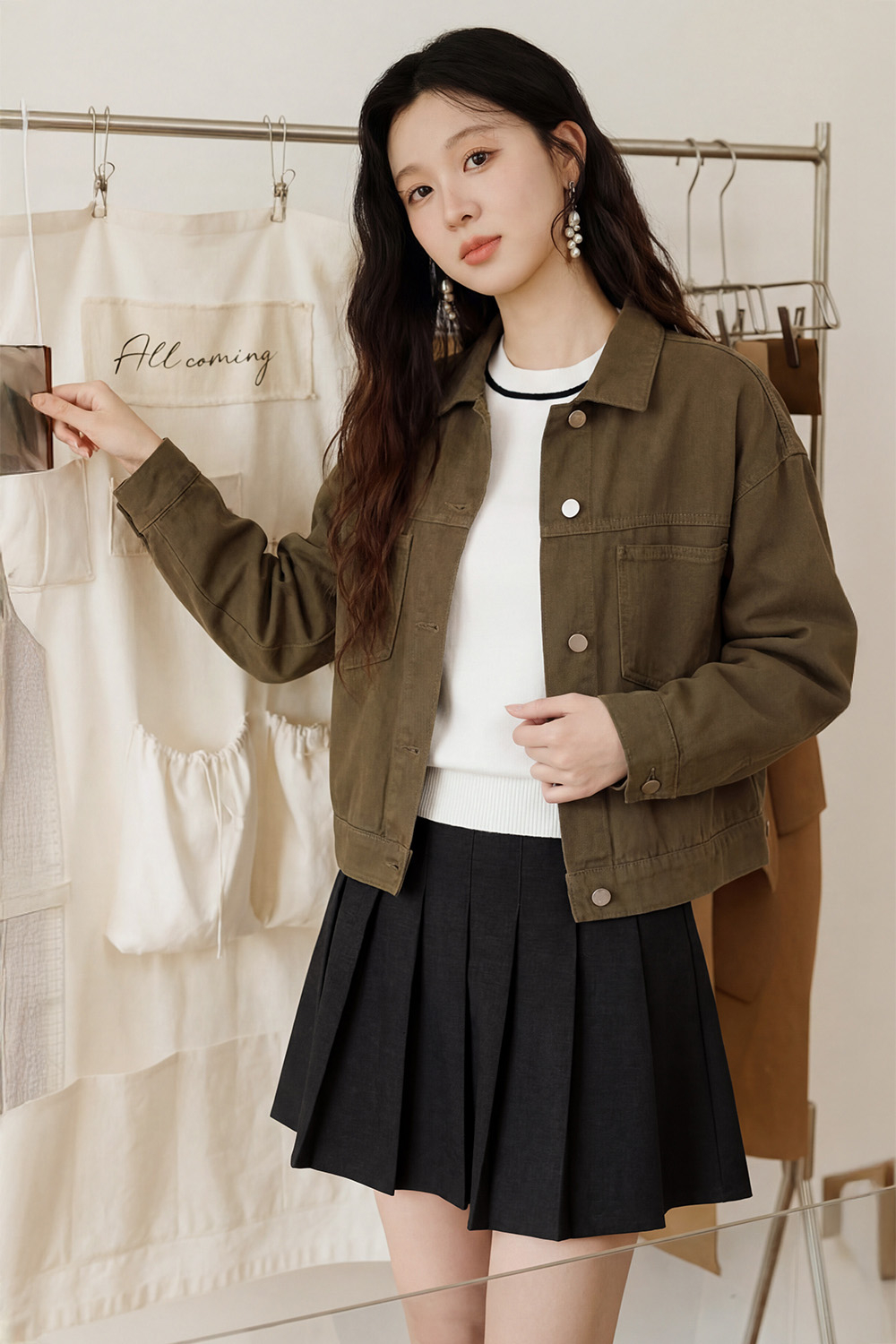 Áo khoác kaki nữ phối nút màu nâu rêu
