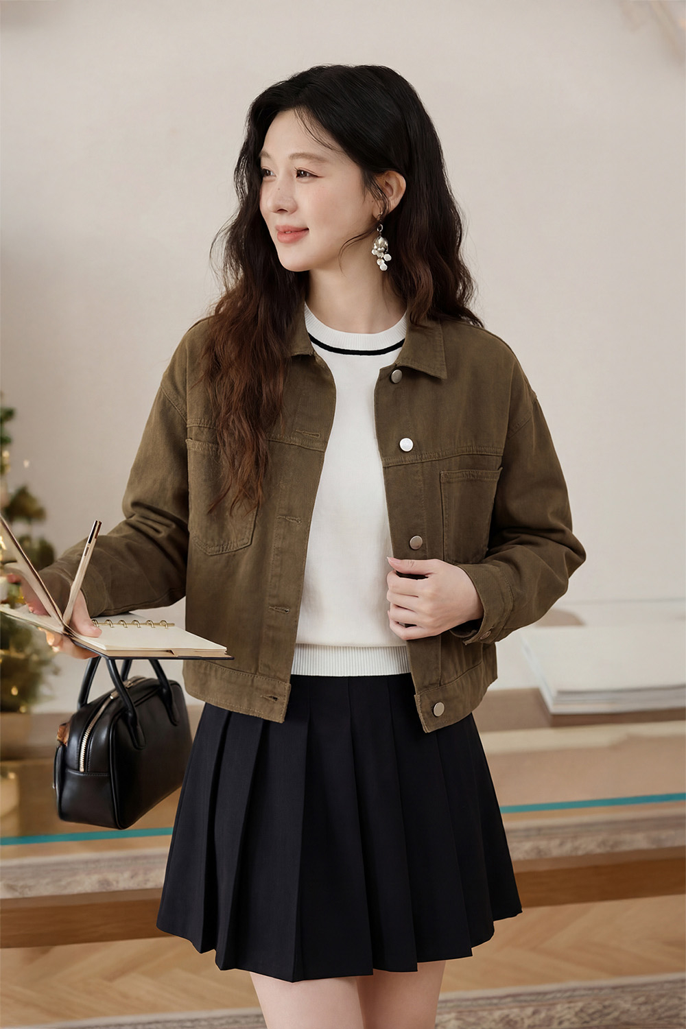 Áo khoác kaki nữ phối nút màu nâu rêu