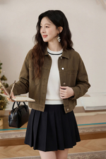 Áo khoác kaki nữ phối nút màu nâu rêu