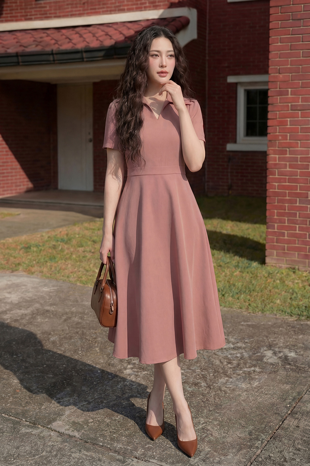 Đầm công sở chữ A nhấn eo cổ sơ mi