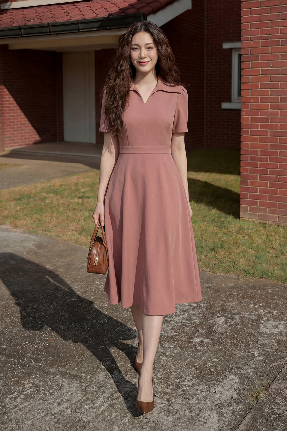 Đầm công sở chữ A nhấn eo cổ sơ mi