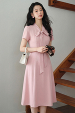 Đầm hồng công sở cổ phối nơ