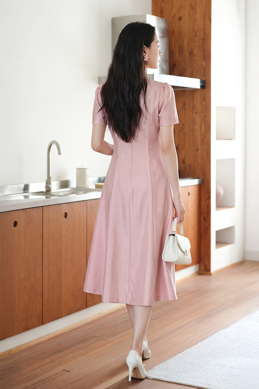 Đầm hồng công sở cổ phối nơ