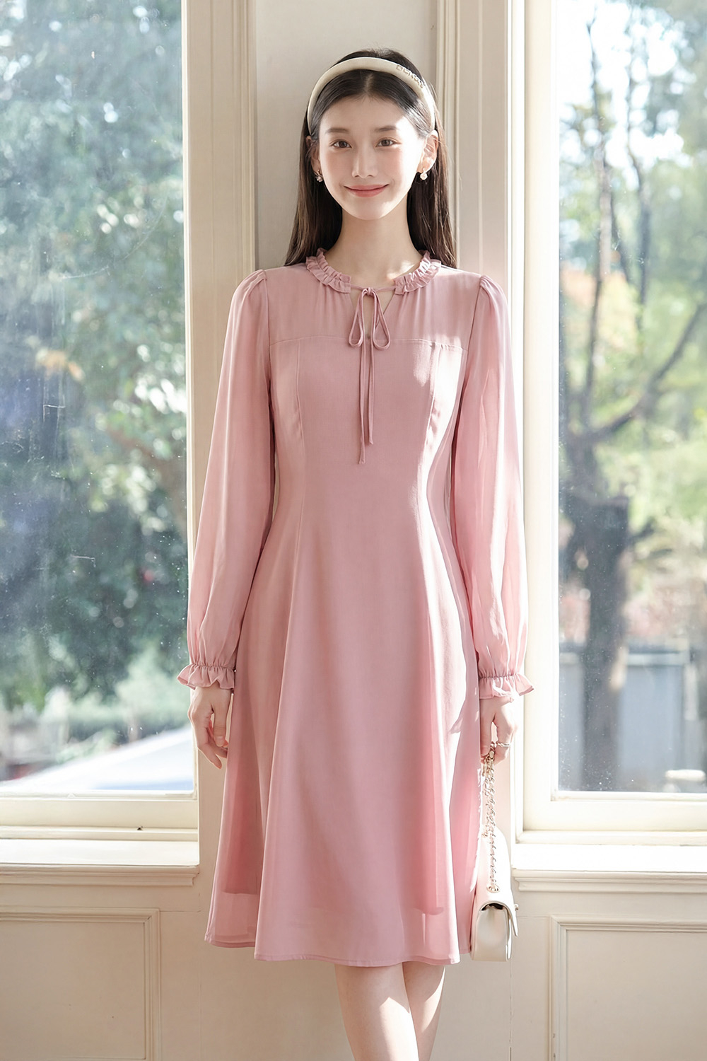 Đầm hồng công sở dáng chữ A tay dài