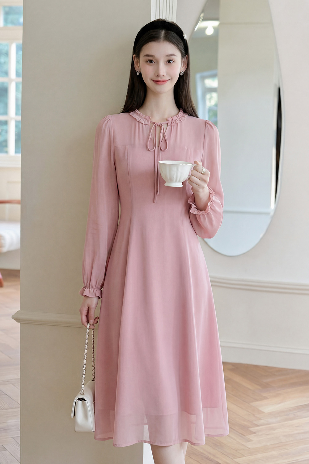 Đầm hồng công sở dáng chữ A tay dài