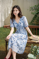 Đầm voan hoa xanh dáng xòe chữ A tay lửng