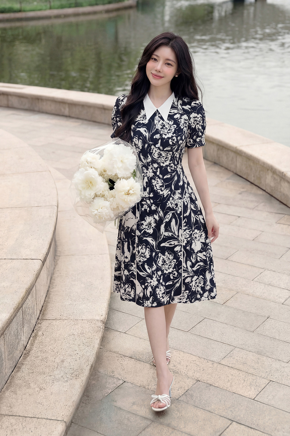 Đầm xòe công sở hoa trắng nền xanh đen