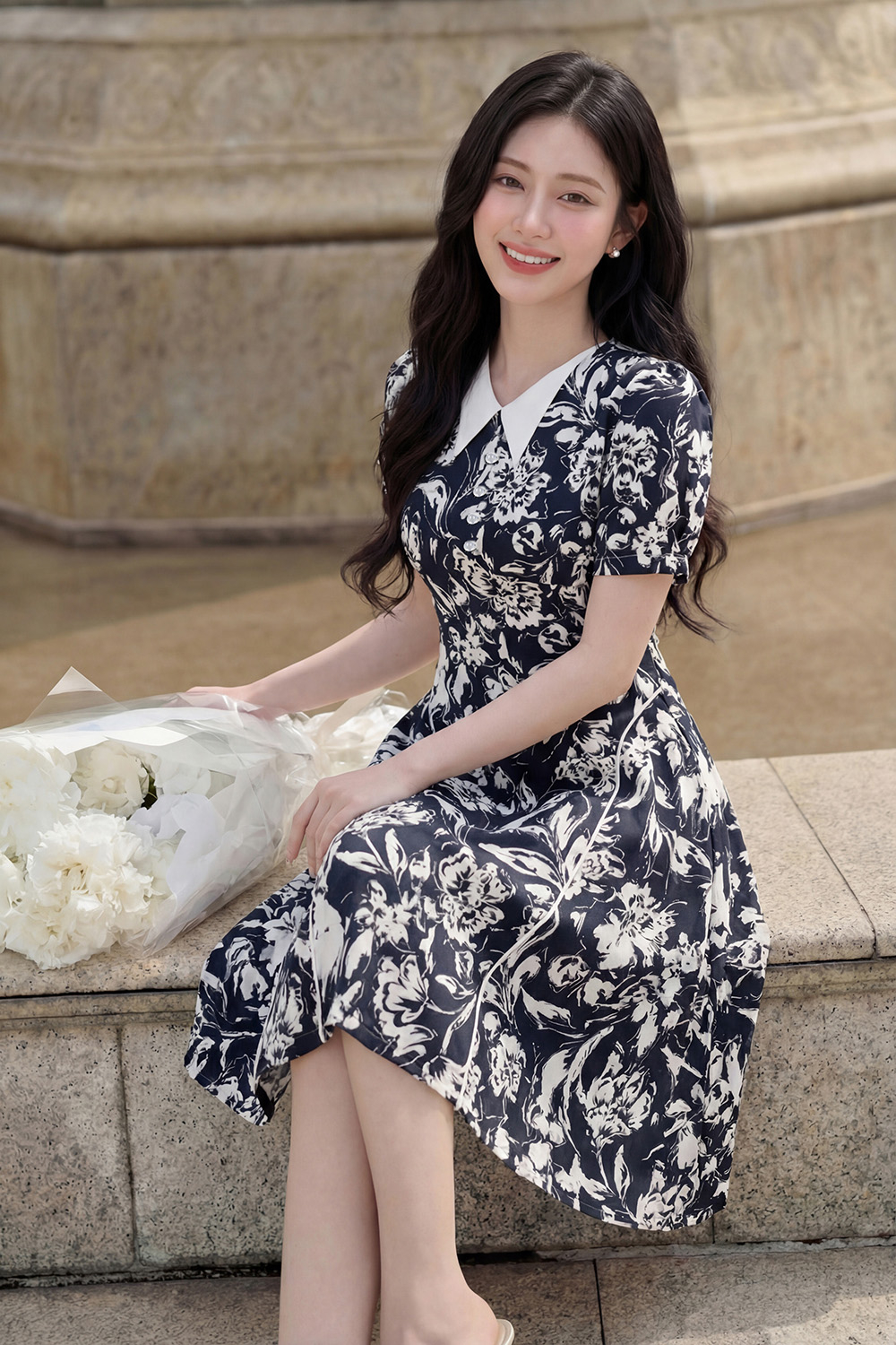Đầm xòe công sở hoa trắng nền xanh đen