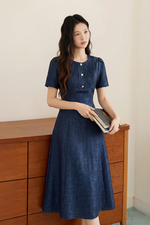 Đầm xòe màu xanh đen cổ xếp ly