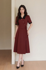 Đầm đỏ công sở nhấn eo cổ sơ mi phối đen