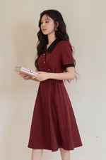 Đầm đỏ công sở nhấn eo cổ sơ mi phối đen