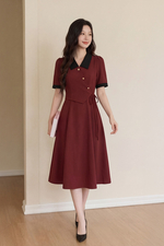 Đầm đỏ công sở nhấn eo cổ sơ mi phối đen