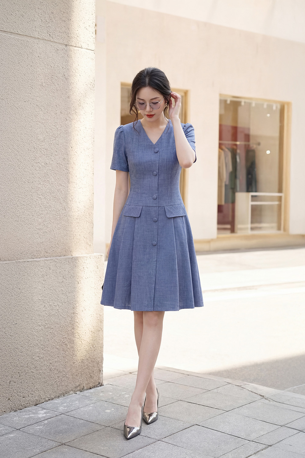 Đầm xòe công sở xếp ly cổ V phối nút