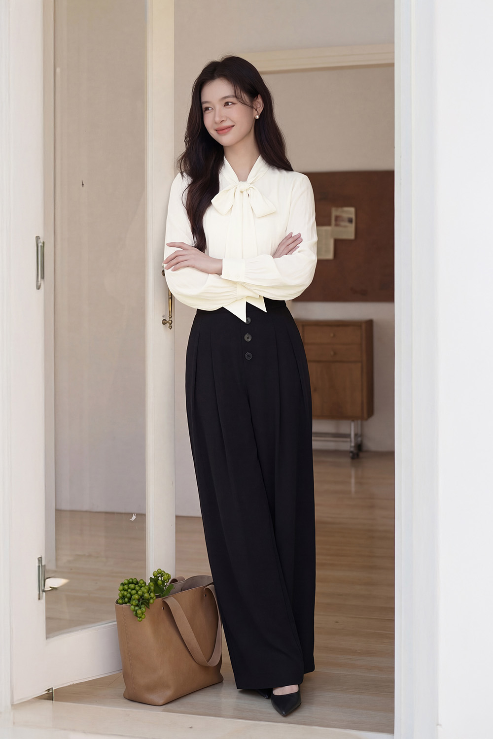 Quần đen công sở ống suông rộng lưng cao