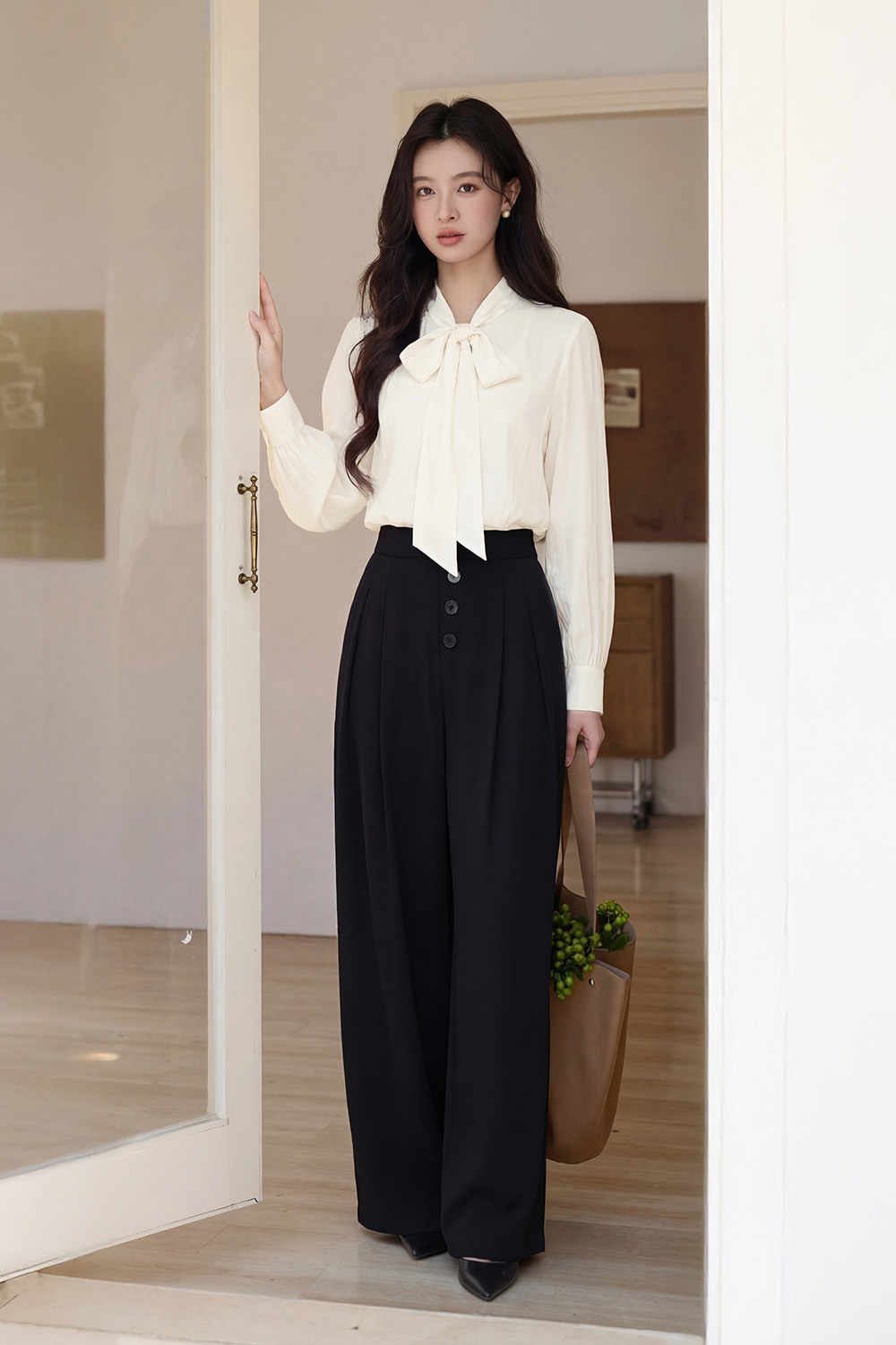 Quần đen công sở ống suông rộng lưng cao