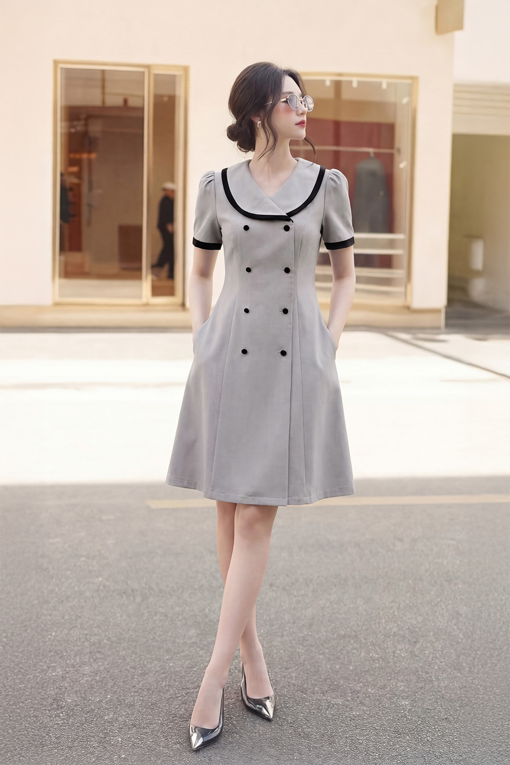 Đầm chữ A xòe công sở cổ sen phối viền đen