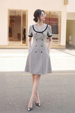 Đầm chữ A xòe công sở cổ sen phối viền đen