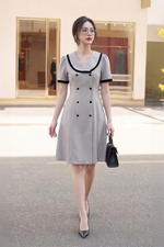 Đầm chữ A xòe công sở cổ sen phối viền đen