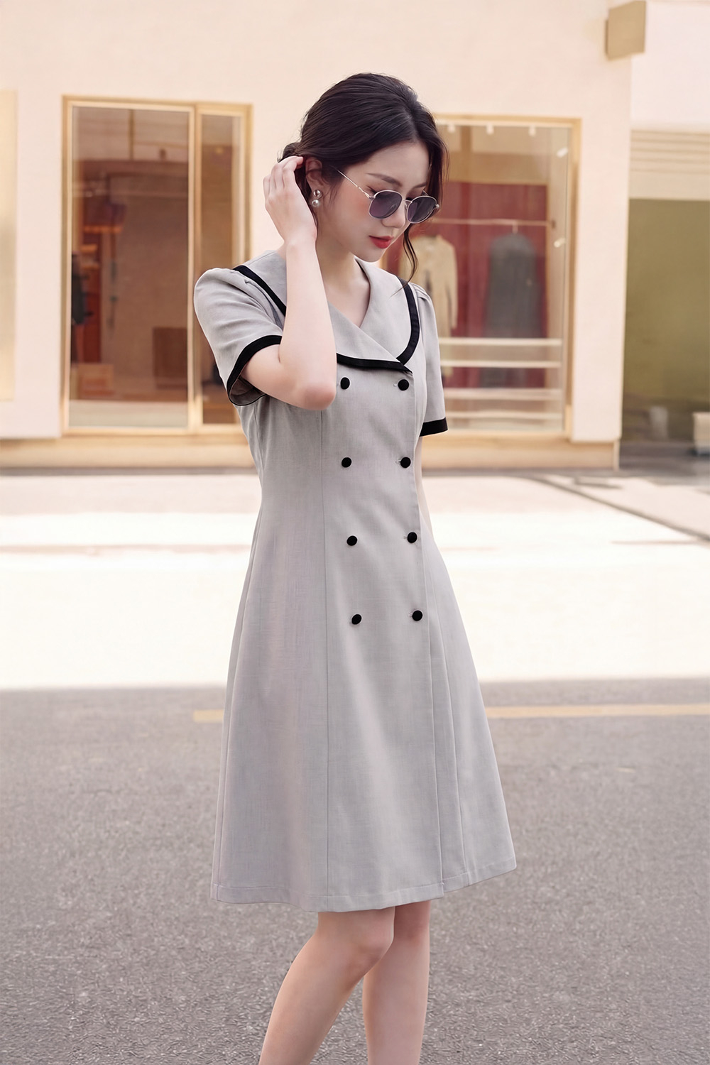 Đầm chữ A xòe công sở cổ sen phối viền đen