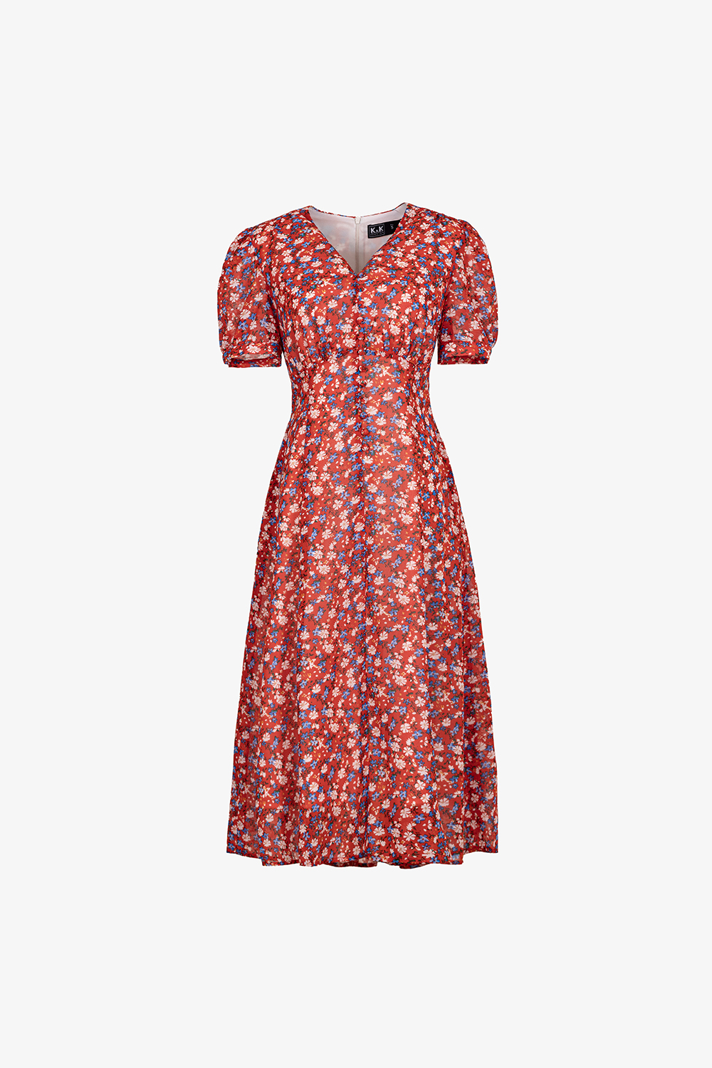 Đầm hoa đỏ dáng xòe cổ V phối nút