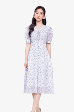 Đầm voan hoa nhí dáng A cổ V thắt nơ