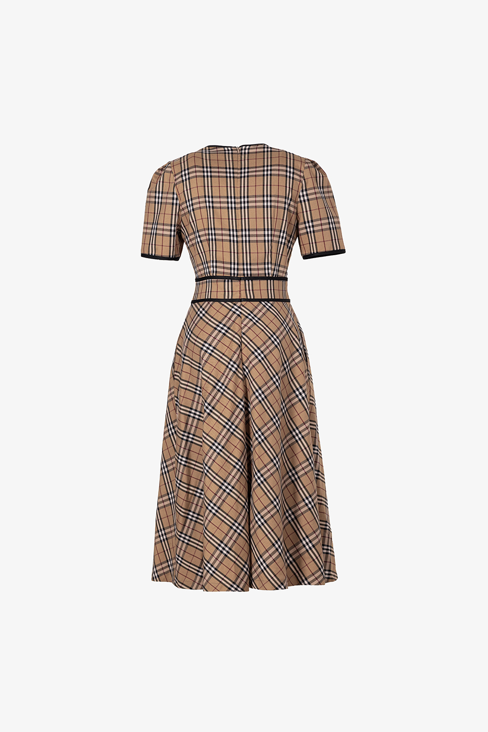 Đầm xòe burberry cổ V nhấn eo viền đen