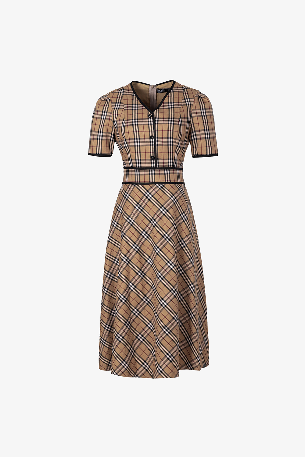 Đầm xòe burberry cổ V nhấn eo viền đen