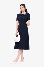 Đầm xòe công sở cổ lệch xếp ly