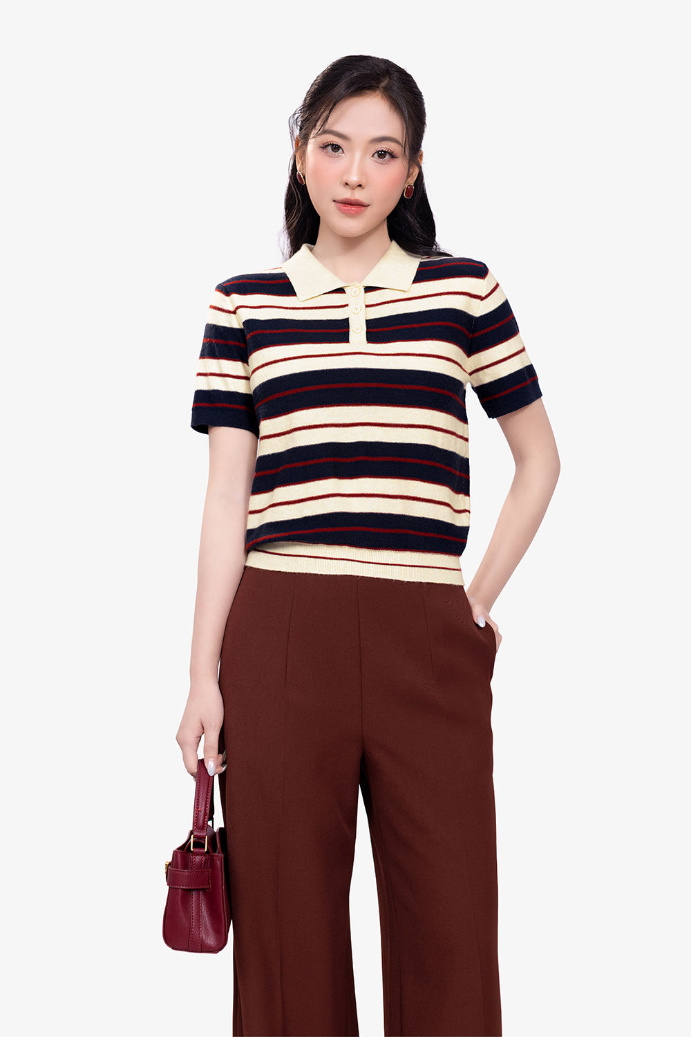 Áo polo len dệt kim phối sọc