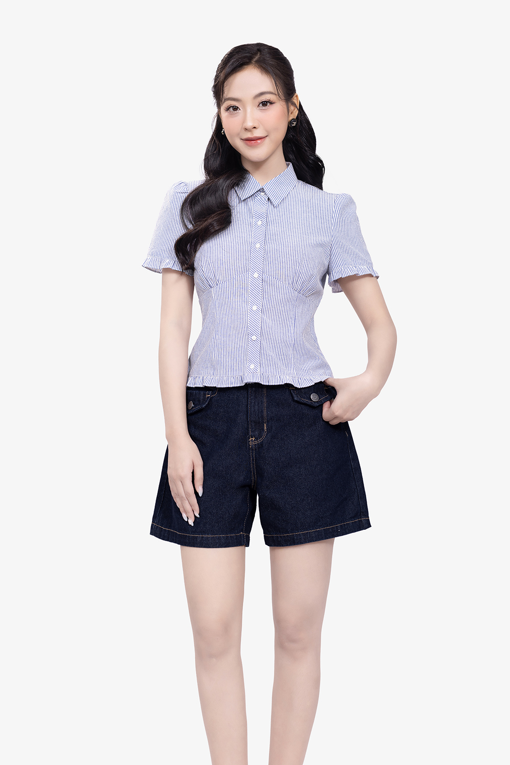 Áo sơ mi kiểu nhấn eo kẻ sọc