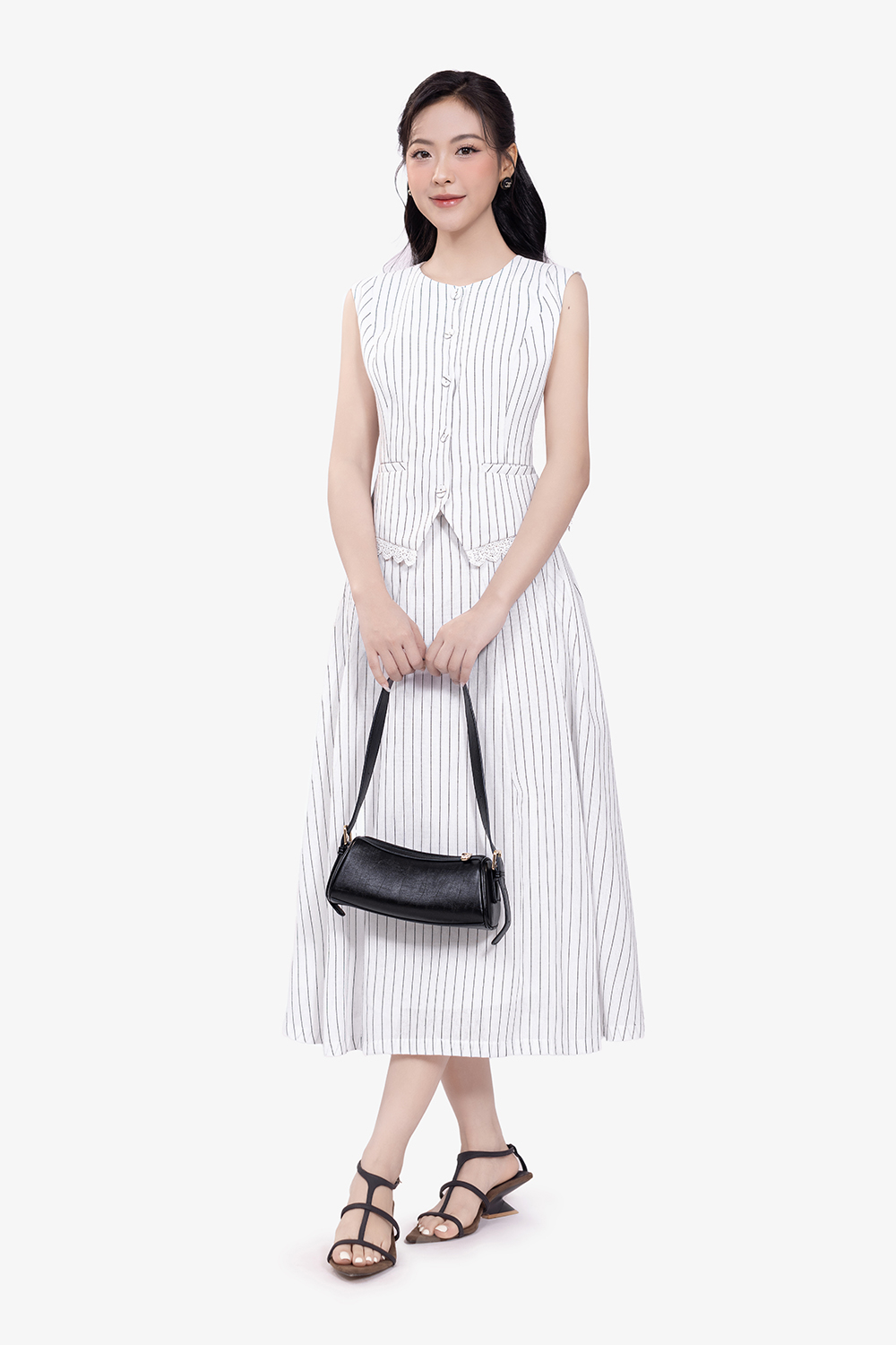 Áo gile kẻ sọc phối ren