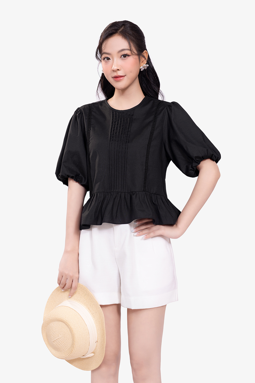 Áo peplum đen tay phồng xếp ly ngực