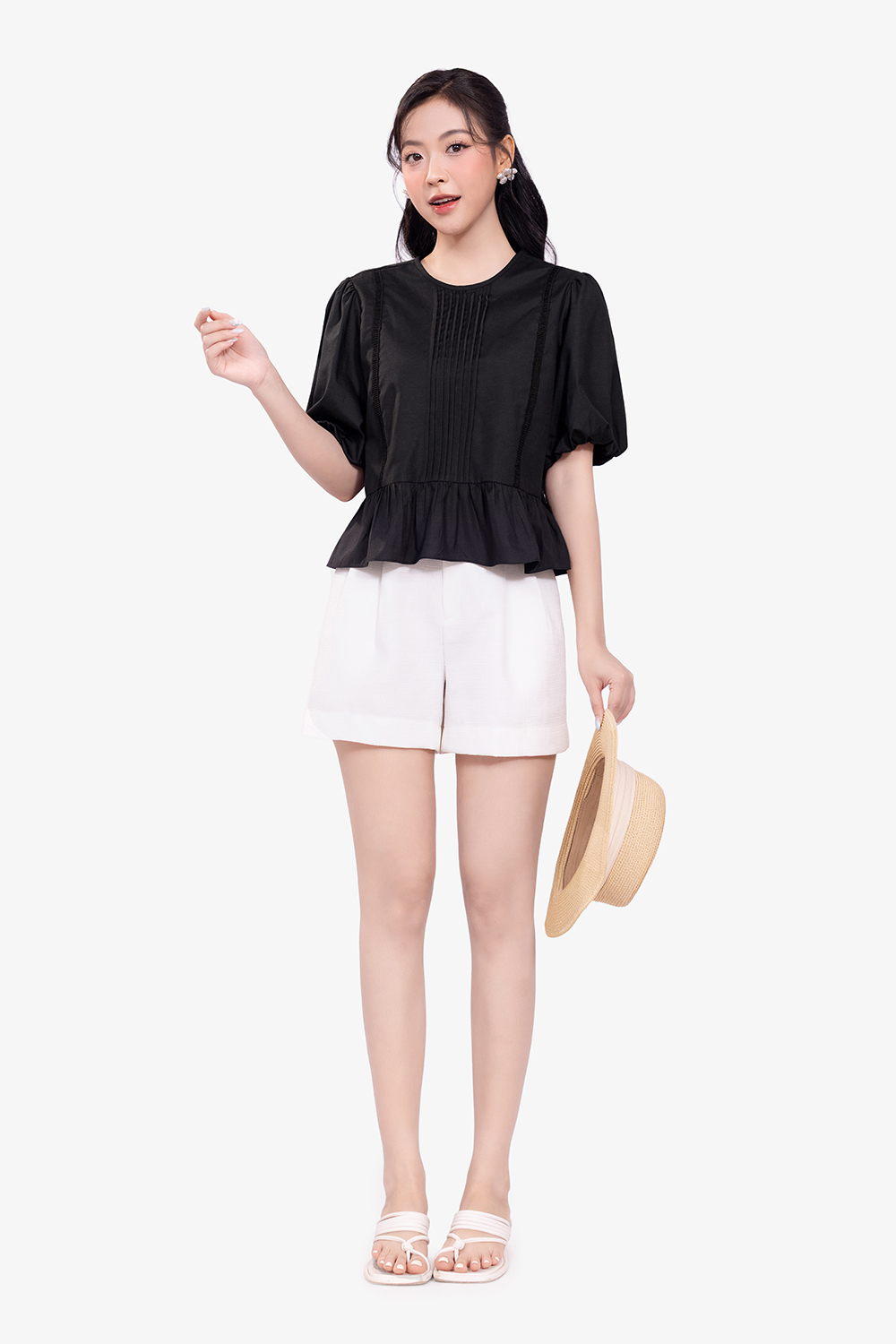 Áo peplum đen tay phồng xếp ly ngực