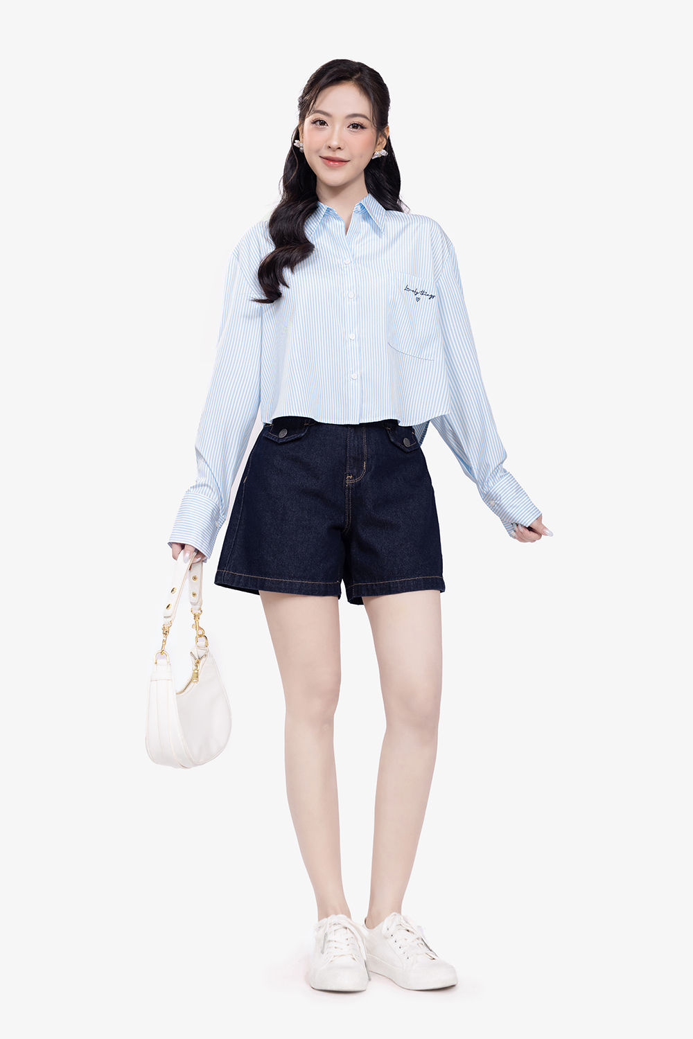 Áo sơ mi dáng lửng kẻ sọc màu xanh