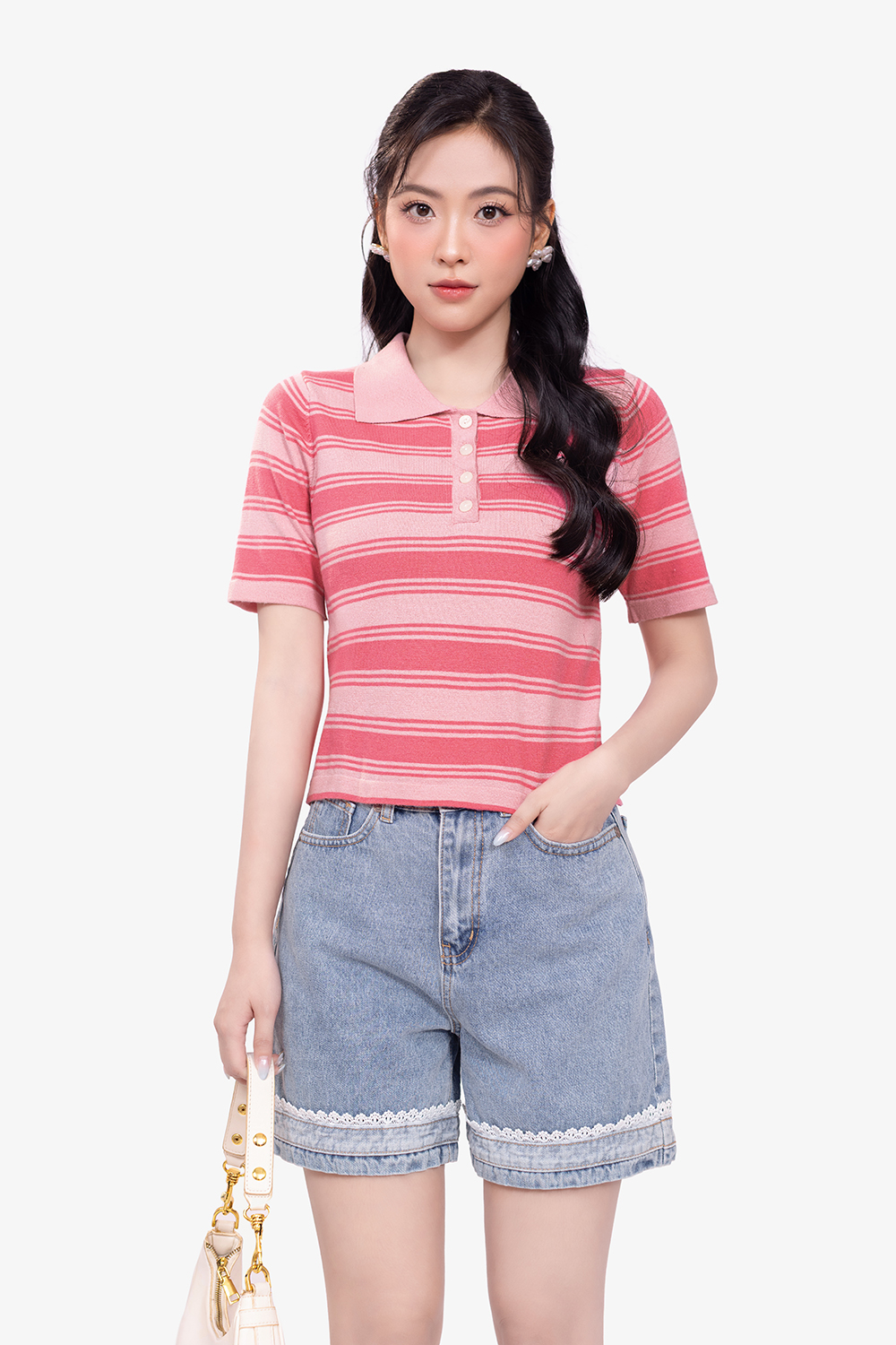 Áo len dệt kim sọc hồng cổ polo