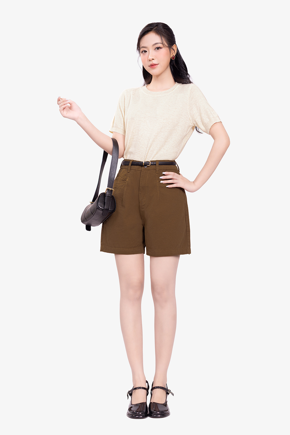 Áo len dệt kim tay ngắn màu trắng kem