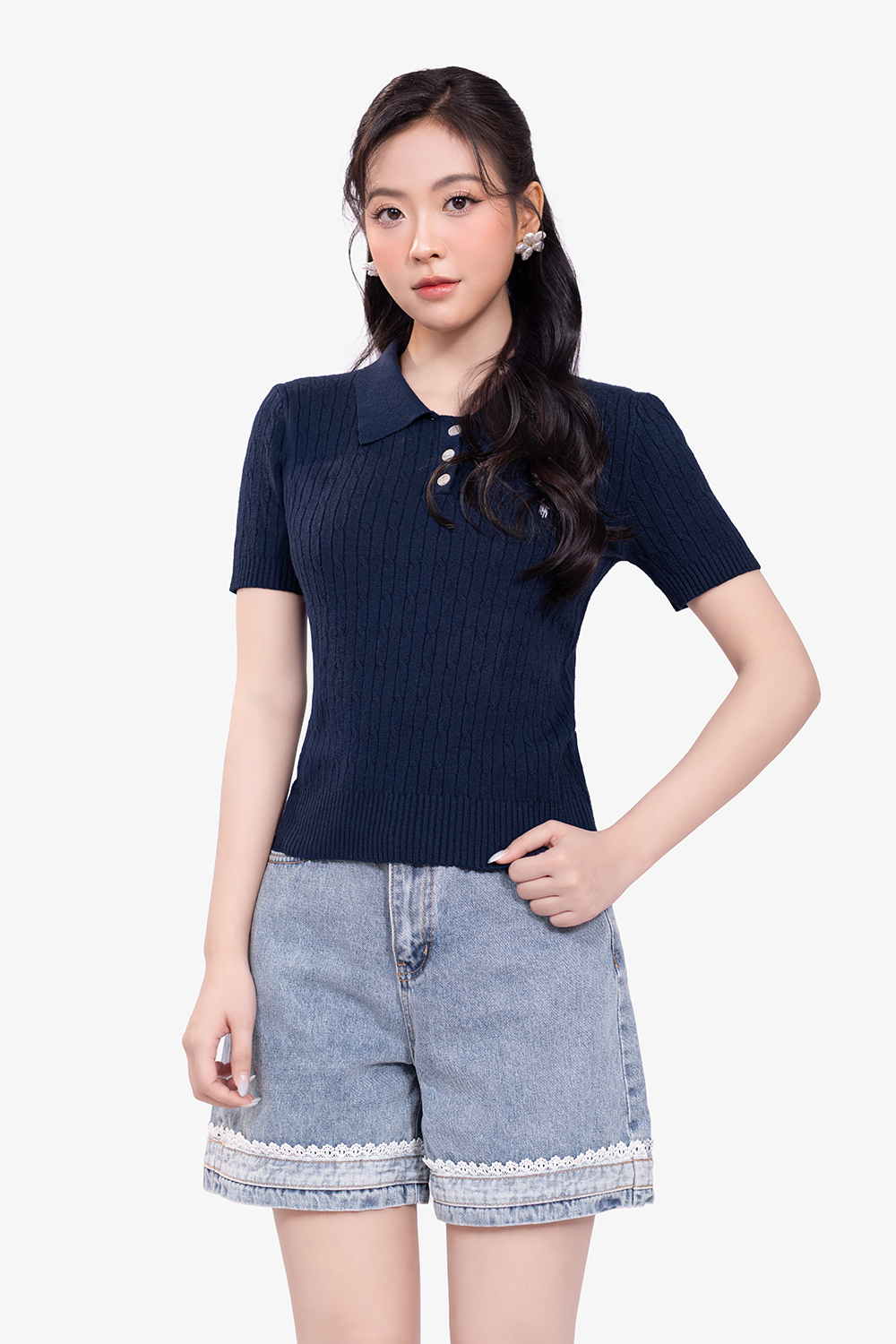 Áo len dệt kim cổ polo màu xanh đen