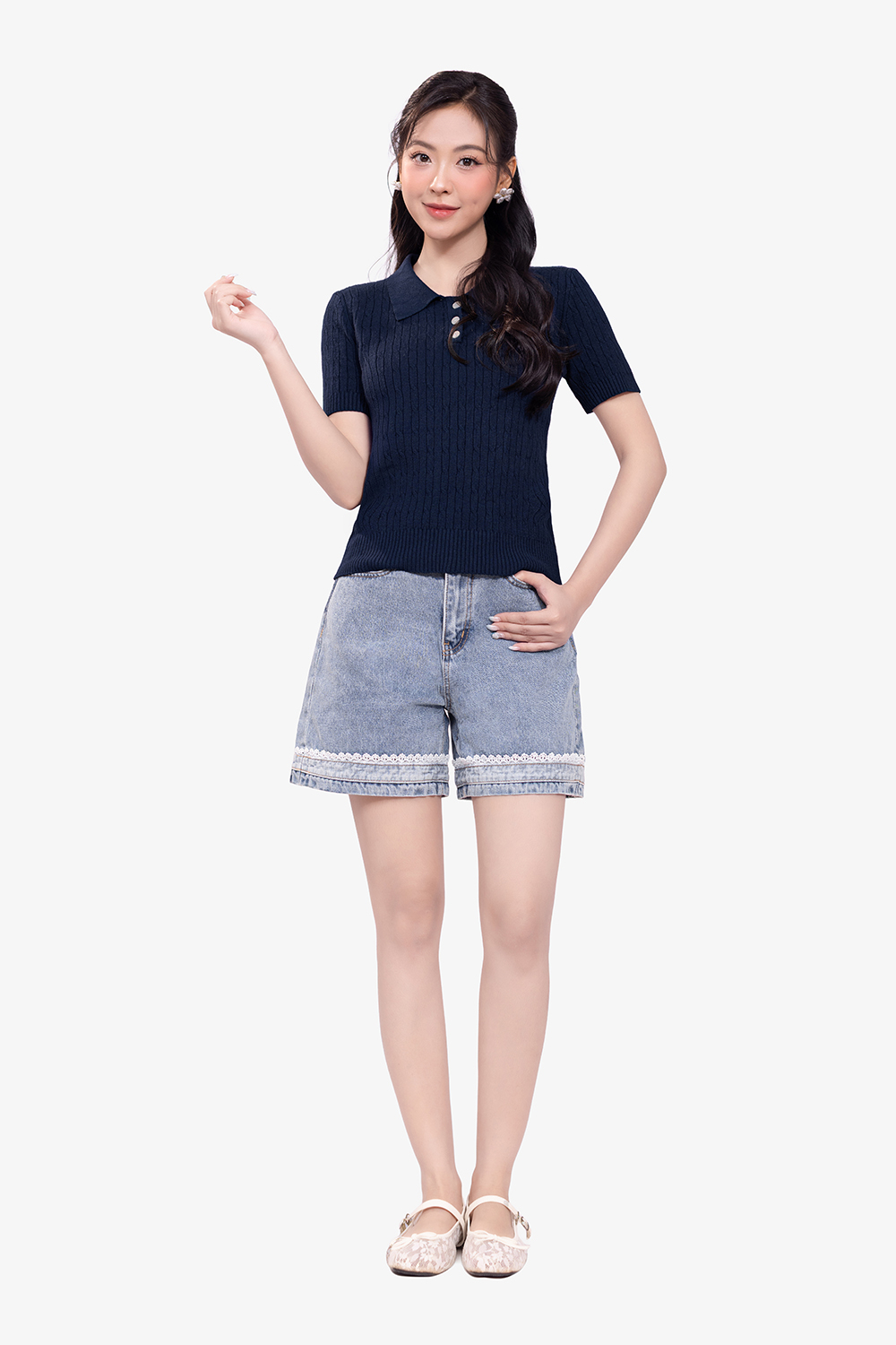 Áo len dệt kim cổ polo màu xanh đen