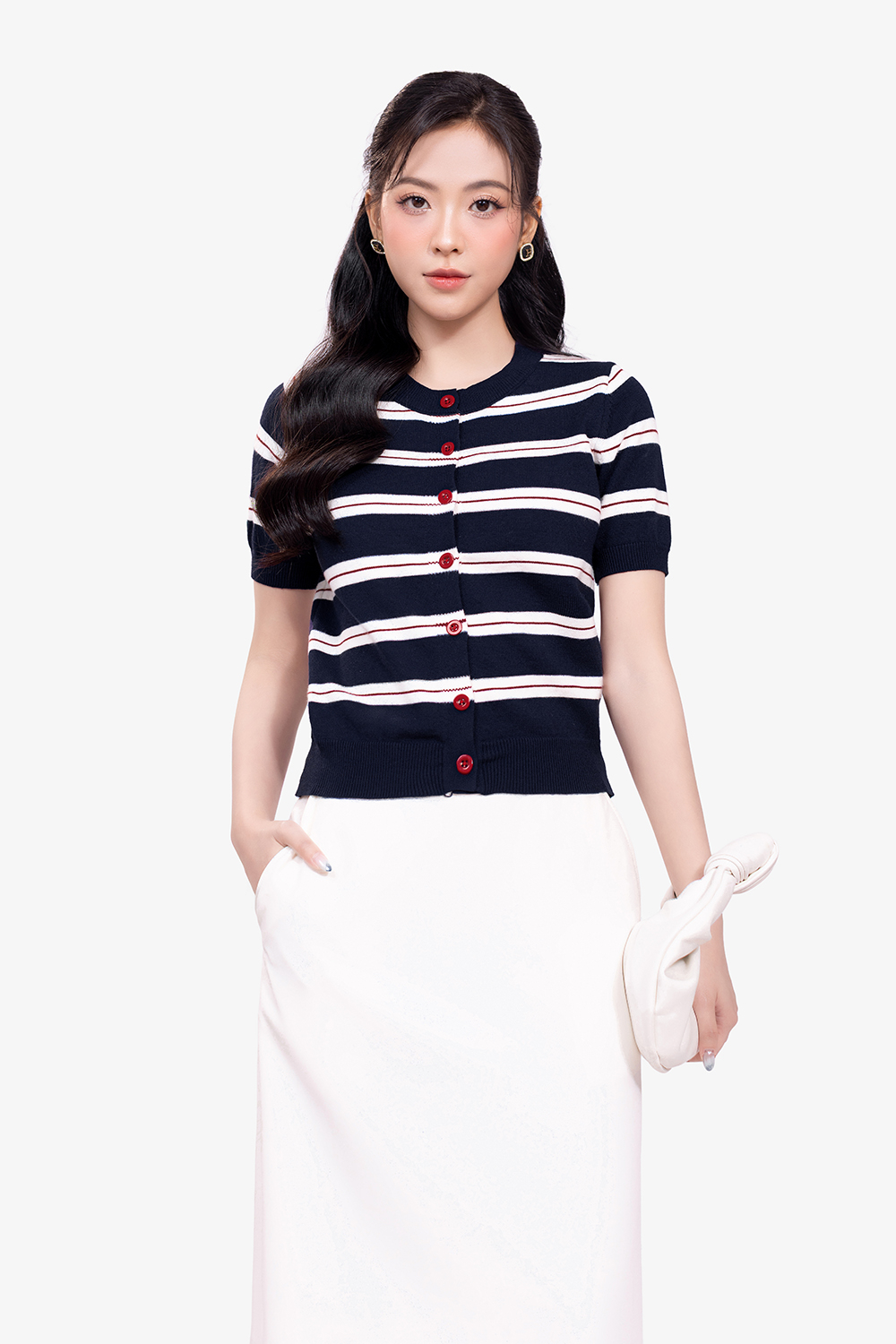 Áo dệt kim sọc ngang phối nút