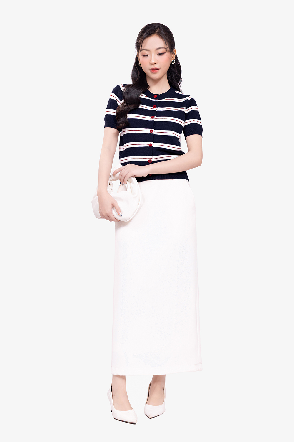 Áo dệt kim sọc ngang phối nút