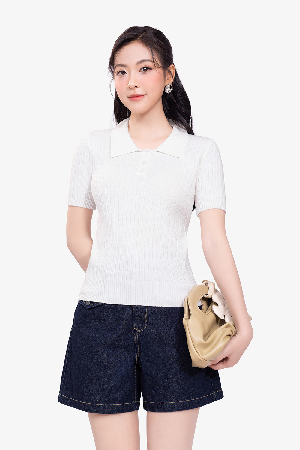 Áo polo nữ len dệt kim màu trắng