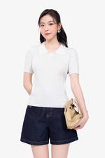 Áo polo nữ len dệt kim màu trắng