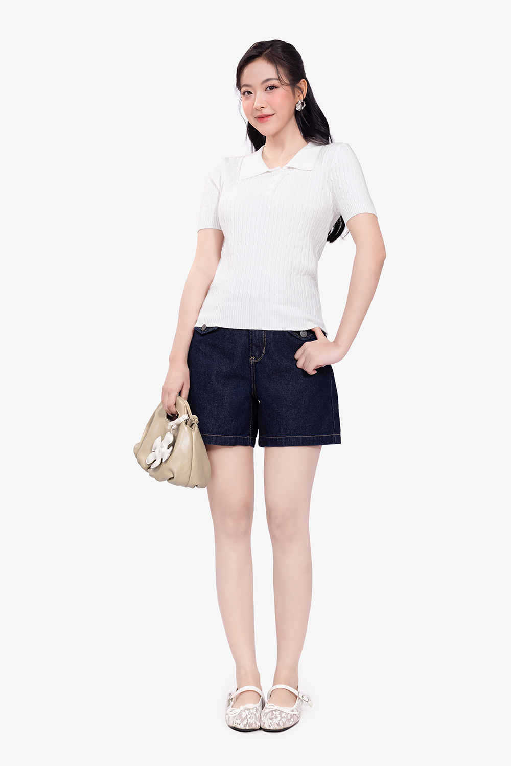 Áo polo nữ len dệt kim màu trắng