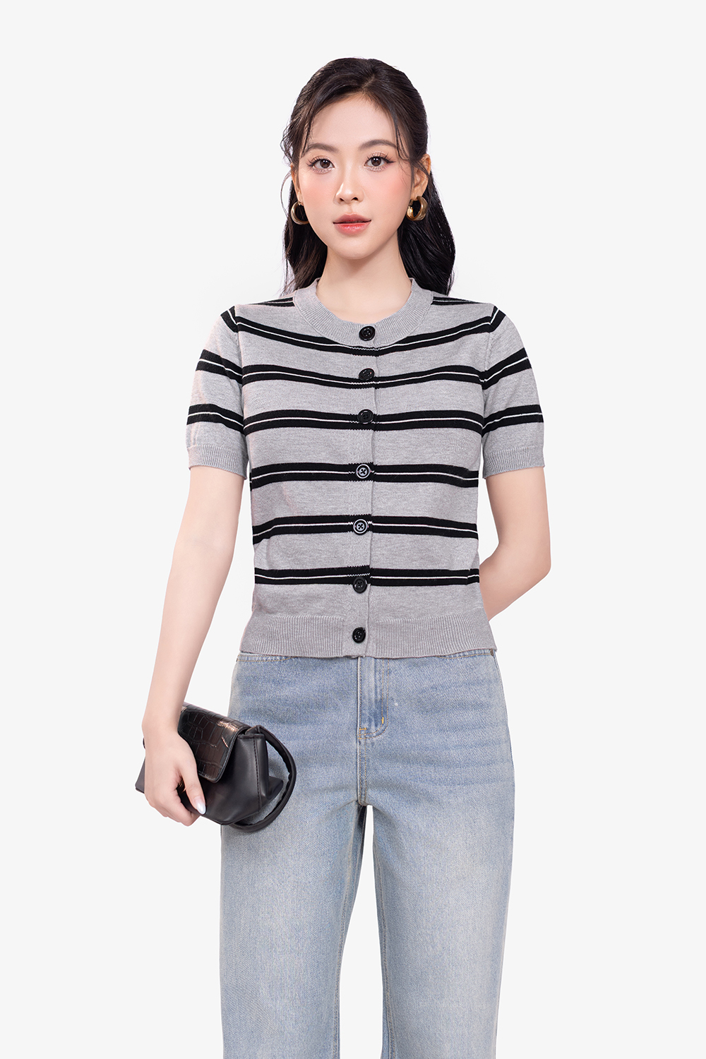 Áo len dệt kim màu xám sọc đen