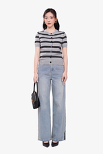 Áo len dệt kim màu xám sọc đen