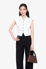Áo kiểu nữ màu trắng xếp ly vai