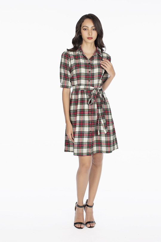 Váy liền họa tiết caro cổ sơ mi phối nơ KK94-26